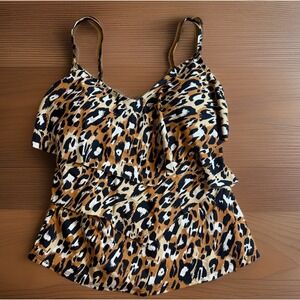 NWT Into The Bleu Leopard Cheetah Flounce Tankini Top Size Small Swimsuit